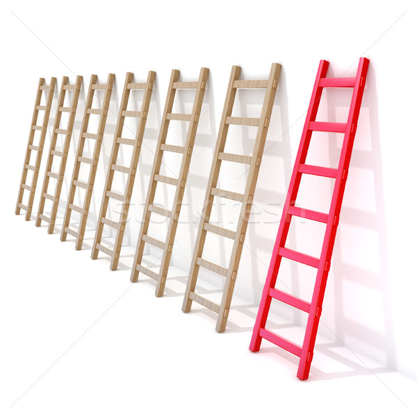 Seven wooden ladders leaning against a wall, one is red. 3D Stock photo © djmilic