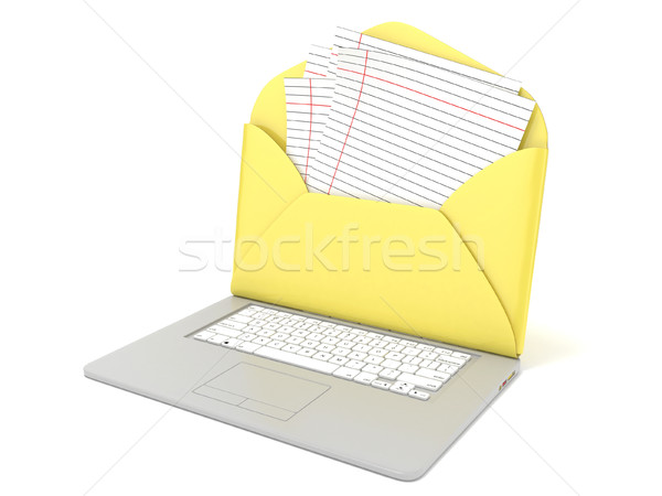 Open envelope and blank lined paper on laptop. Side view. 3D Stock photo © djmilic