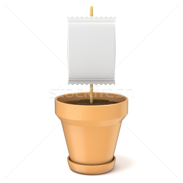 Clay plant pot with blank paper sign on wooden stick. 3D Stock photo © djmilic