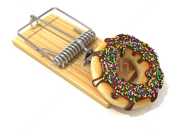 Chocolate doughnut with sprinkles, like bait, in wooden mousetra Stock photo © djmilic