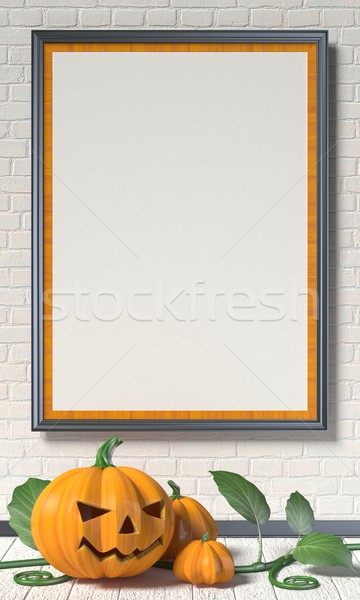 Stock photo: Jack O Lantern pumpkin, green leafs and mock up blank poster on 