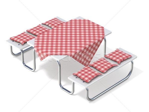 Picnic table with red table cover and pillows. 3D Stock photo © djmilic