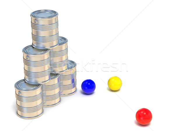 Tin cans and three balls. Side view. 3D Stock photo © djmilic