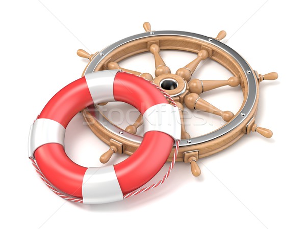 Wooden ship wheel and life buoy 3D Stock photo © djmilic