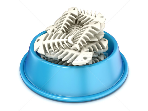 Blue cat bowl with fish bones, 3D Stock photo © djmilic