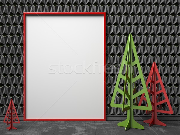 Stock photo: Mock-up red canvas frame, and Christmas trees. 3D