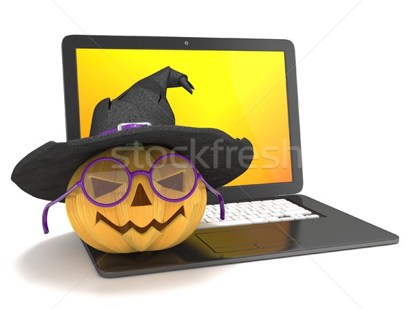 Laptop with funny Jack O Lantern and Halloween witch hat. 3D Stock photo © djmilic
