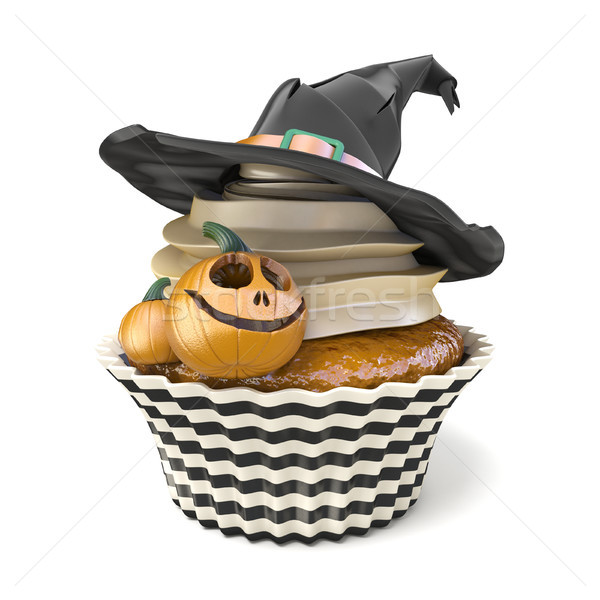 Stock photo: Halloween muffin with Jack O'Lantern and witch hat 3D