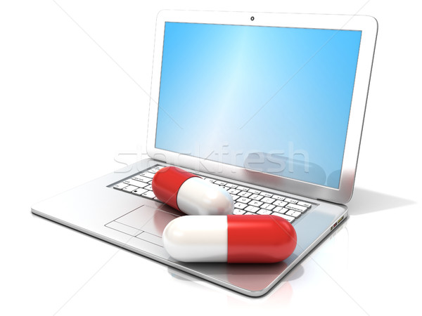 Laptop with two red pills. 3D Stock photo © djmilic