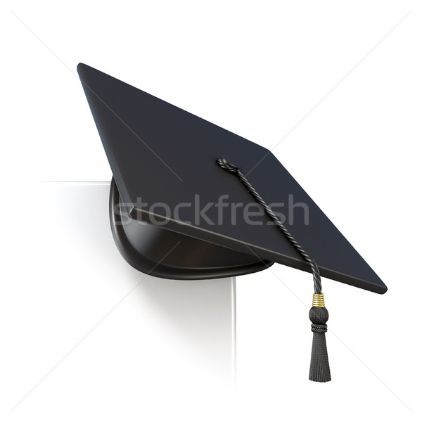 Stock photo: Graduation cap on blank paper corner. 3D