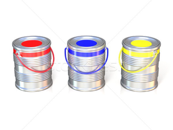 Stock photo: Metal tin cans with basic colors (red, blue and green) paint