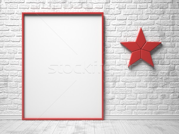 Mock-up red canvas frame, red star decor and brick wall. 3D Stock photo © djmilic