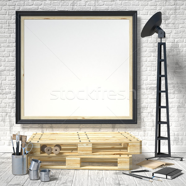 Stock photo: Mock up posters frames in art atelier, 3D