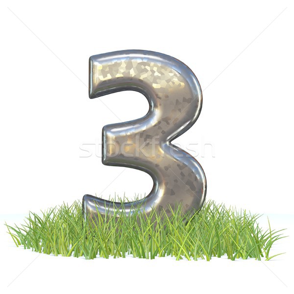Galvanized metal font Number THREE 3 in grass 3D Stock photo © djmilic