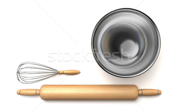 Wire whisk, wooden rolling pin and chrome bowl Top view 3D Stock photo © djmilic