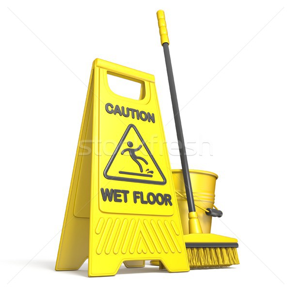 Yellow wet floor sign, bucket and mop 3D Stock photo © djmilic