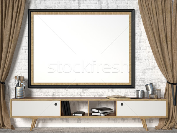 Stock photo: Mock up picture frame with brown curtains. 3D