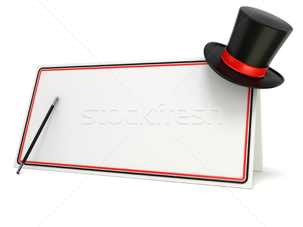 Magic wand and hat on blank board with black and red border. 3D Stock photo © djmilic