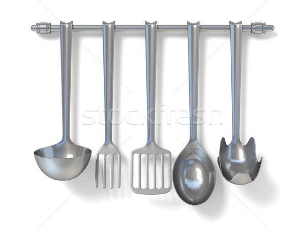 Steel kitchen utensils hanging. 3D Stock photo © djmilic