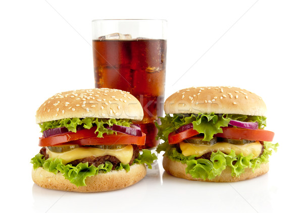 Big two cheeseburgers with glass of cola isolated on white Stock photo © dla4