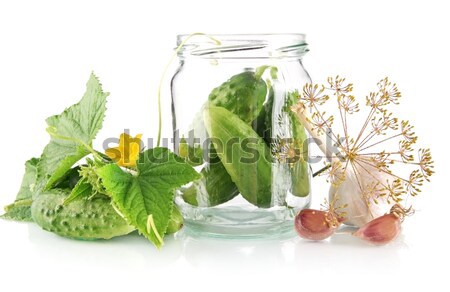 Gherkins in jar preparate for pickling on white Stock photo © dla4
