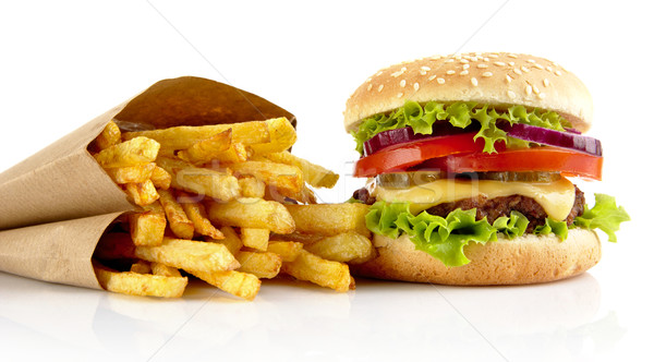 Big cheeseburger with french fries isolated on white background Stock photo © dla4