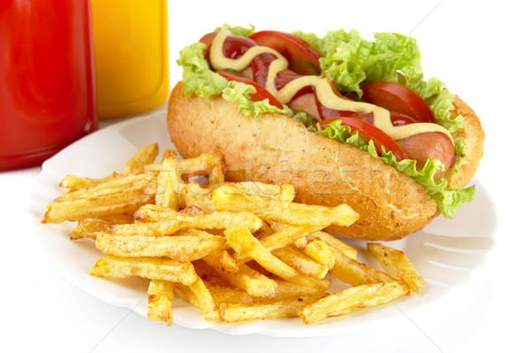 Hotdog sültkrumpli tányér fehér hot dog paradicsom Stock fotó © dla4
