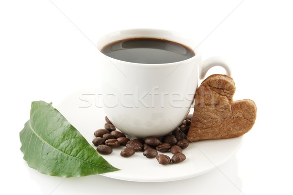 Stock photo: Cup of coffee with saucer with leaf on white