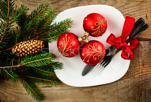 Stock photo: Christmas plate bauble pines wooden surface