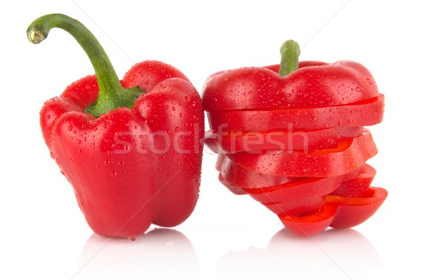Closeup slices of red bell peppers on white with drops of water Stock photo © dla4