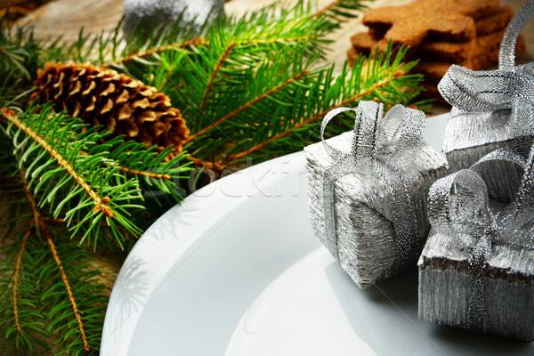 Stockfoto: Christmas · plaat · zilver · geschenken