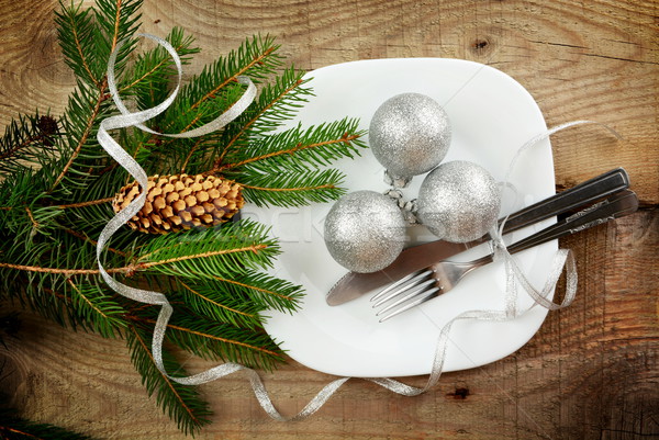 Stock foto: Weihnachten · Platte · Silber · Kiefern · Holz · Oberfläche