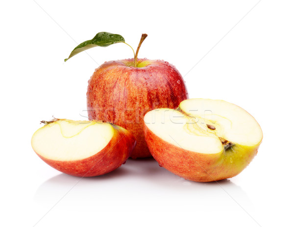 Close-up shot sliced red apple with leaf water drops isolated Stock photo © dla4