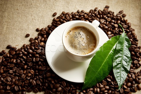 // Coffee with foam cup with beans in the corner with green leaf on linen Stock photo © dla4