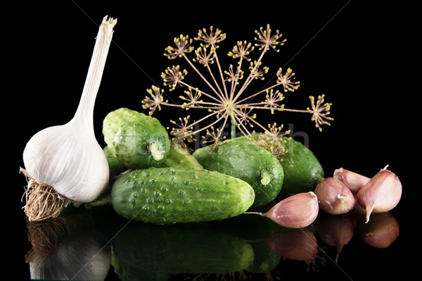 Gherkins preparate for pickling on black Stock photo © dla4