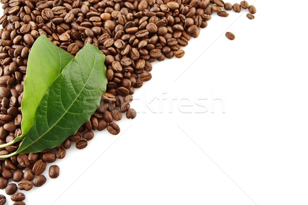Collected coffee beans in the corner with leaf on white Stock photo © dla4