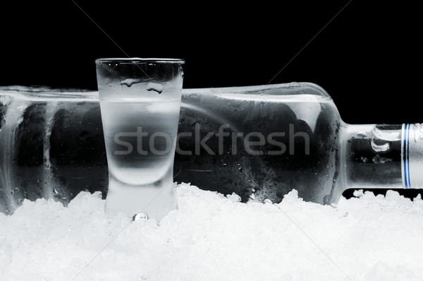 Bottle with glass of vodka lying on ice on black background Stock photo © dla4