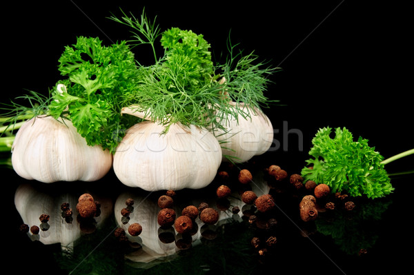 Dill leaves,garlic,pepper and allspice on black background Stock photo © dla4