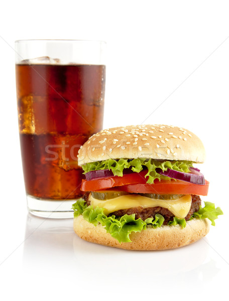 Mare cheeseburger sticlă Cola izolat alb Imagine de stoc © dla4