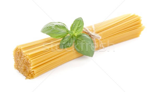 Stockfoto: Lang · pasta · ruw · geïsoleerd · basilicum · blad