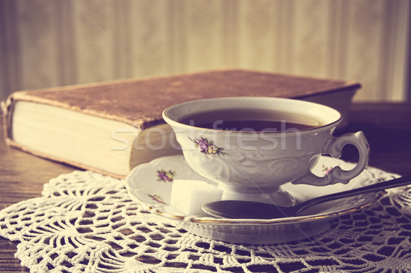 杯 茶 書 餐巾 復古 效果 商業照片 © dla4