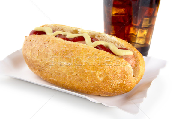 Hot-dog with mustard and ketchup in the tray with cola on white  Stock photo © dla4