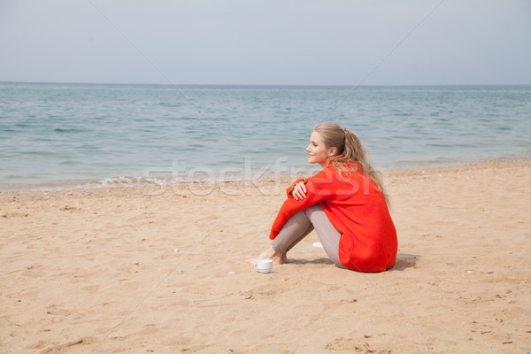 Foto stock: Mulher · mar · praia · um · outono