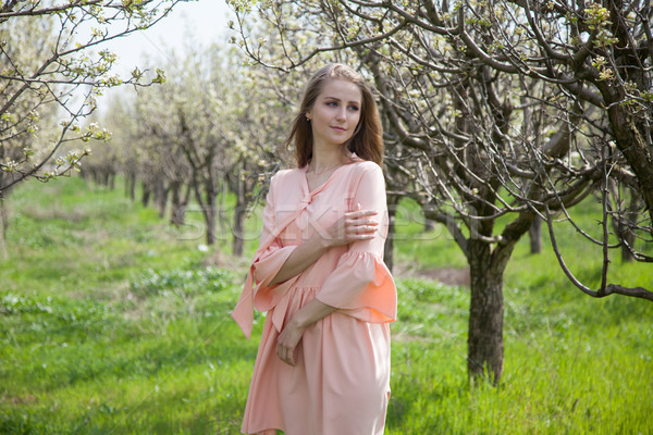 girl in peach dress walks by a blooming garden Stock photo © dmitriisimakov