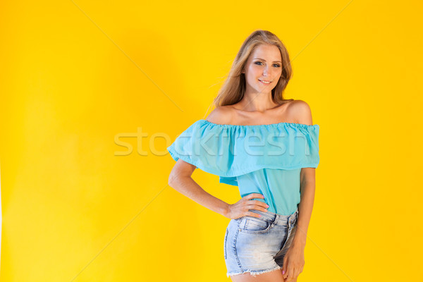 красивой блондинка девушки желтый синий платье Сток-фото © dmitriisimakov
