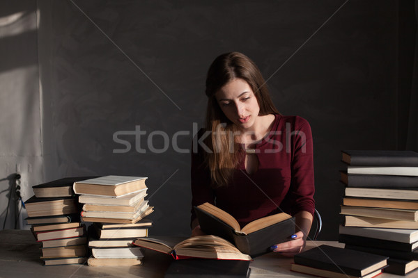 the girl sitting at the table reading a lot of books Stock photo © dmitriisimakov