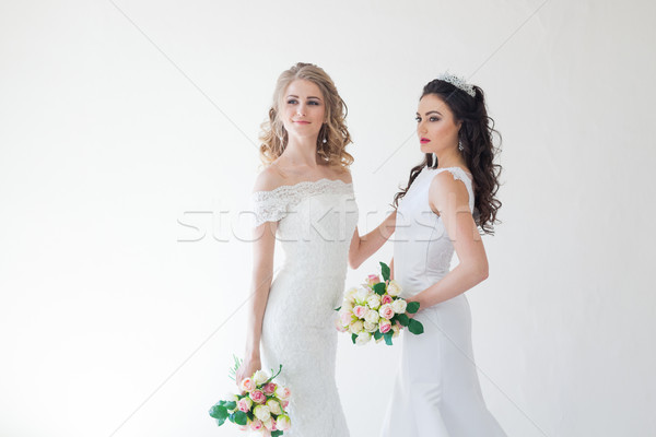 Dwa ślub oblubienicy bukiet kwiaty włosy Zdjęcia stock © dmitriisimakov