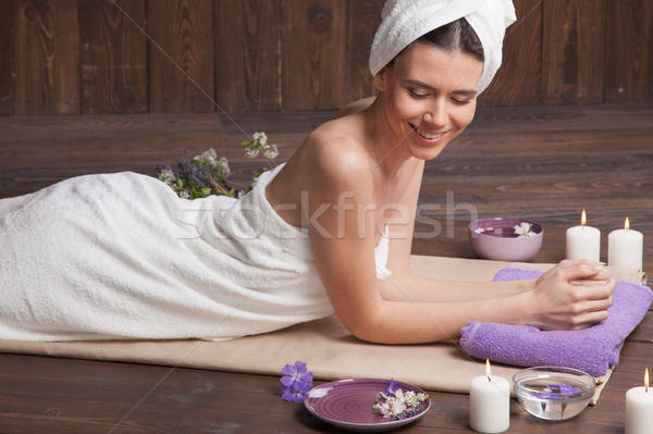 Foto stock: Menina · mentiras · sauna · massagem · estância · termal · mulher