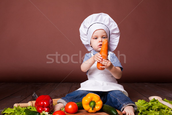 Stockfoto: Weinig · jongen · kok · wortelen · paprika · tomaten