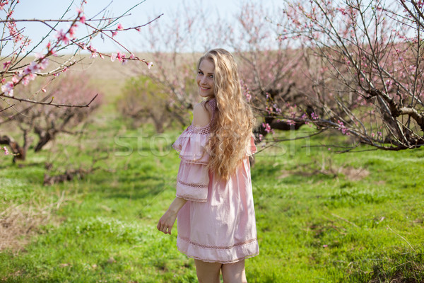 blonde in pink dress walks in the garden with flowering trees Stock photo © dmitriisimakov